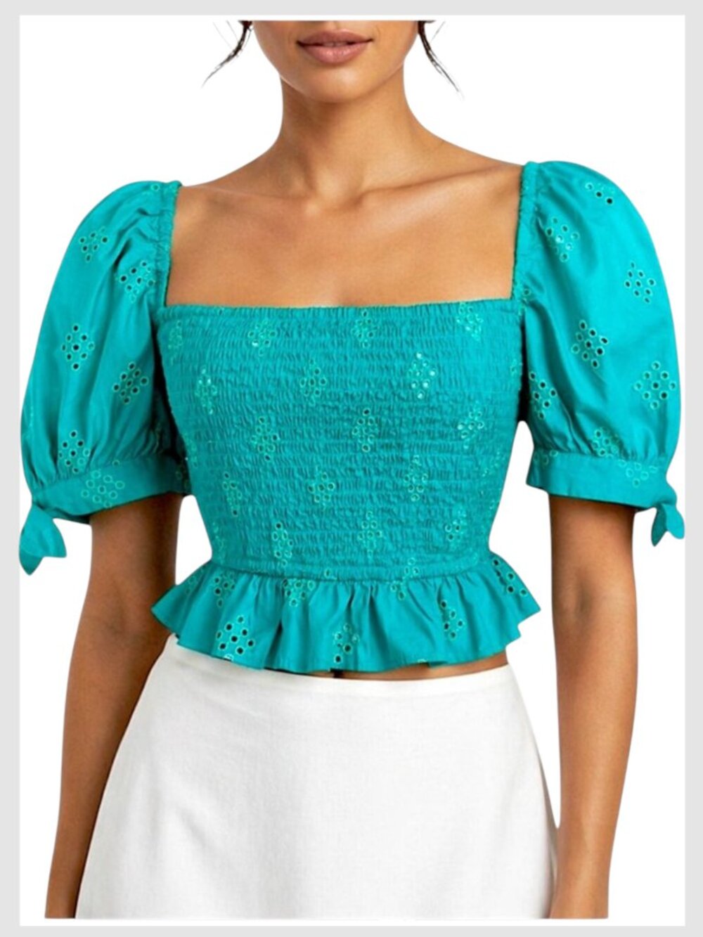 Zara Smocked Crop Top Turquoise Eyelet Puff Sleeve S